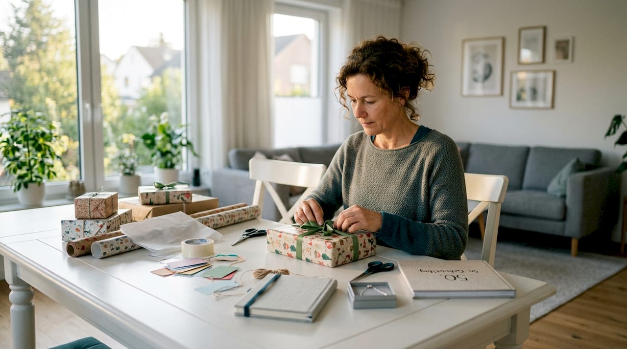 Eine Frau verpackt zu Hause liebevoll ein Geschenk zum 50. Geburtstag.