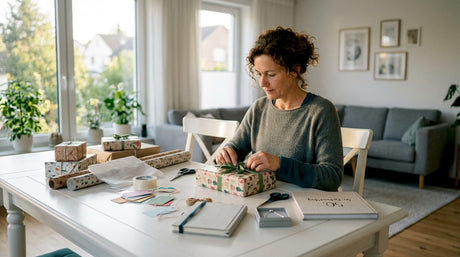 Eine Frau verpackt zu Hause liebevoll ein Geschenk zum 50. Geburtstag.