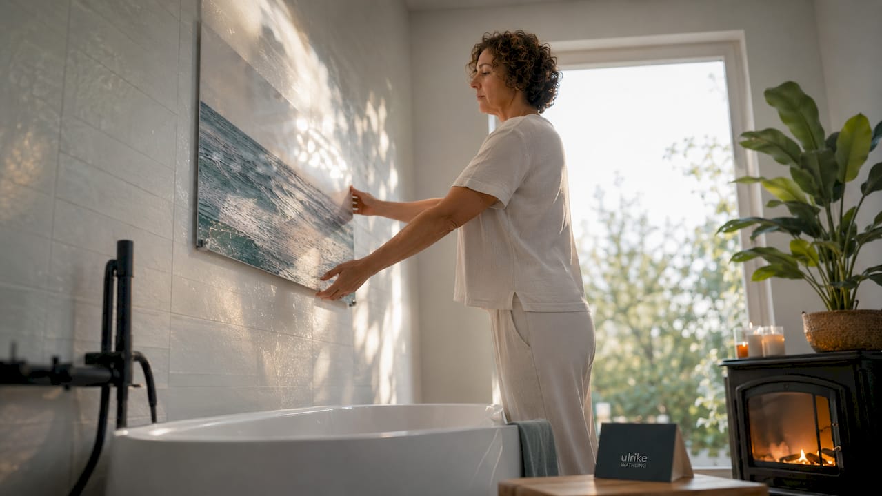 Eine Frau dekoriert ihr Badezimmer mit einem Acrylbild im Strandmotiv.