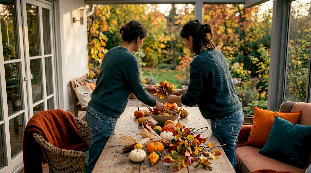 Eine Frau schmückt ihr Wohnzimmer mit herbstlicher Dekoration.