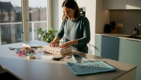 Zu Hause packt eine Frau liebevoll das Geburtstagsgeschenk für ihre Mutter ein.