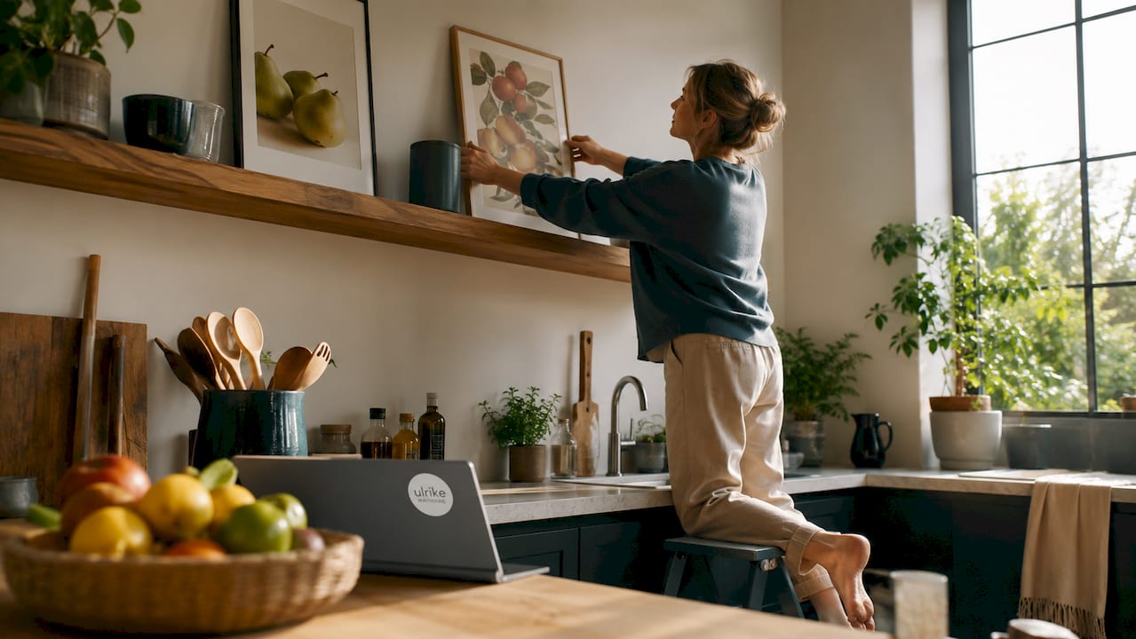 Eine Frau dekoriert ihre moderne Küche mit stilvollen Bildern und Kunstwerken.
