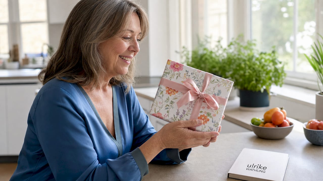 Eine Frau packt zu Hause freudig ihr Geburtstagsgeschenk aus.