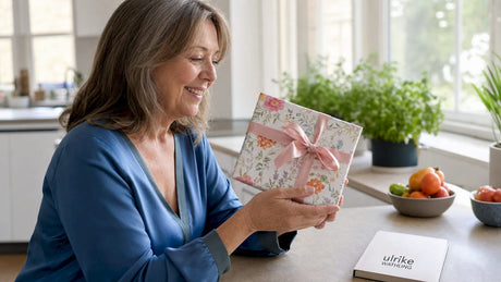 Eine Frau packt zu Hause freudig ihr Geburtstagsgeschenk aus.