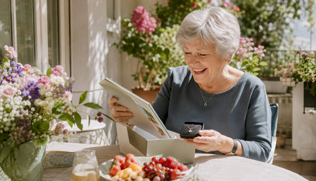 Eine ältere Dame packt freudig ihr Geschenk zum 70. Geburtstag aus.