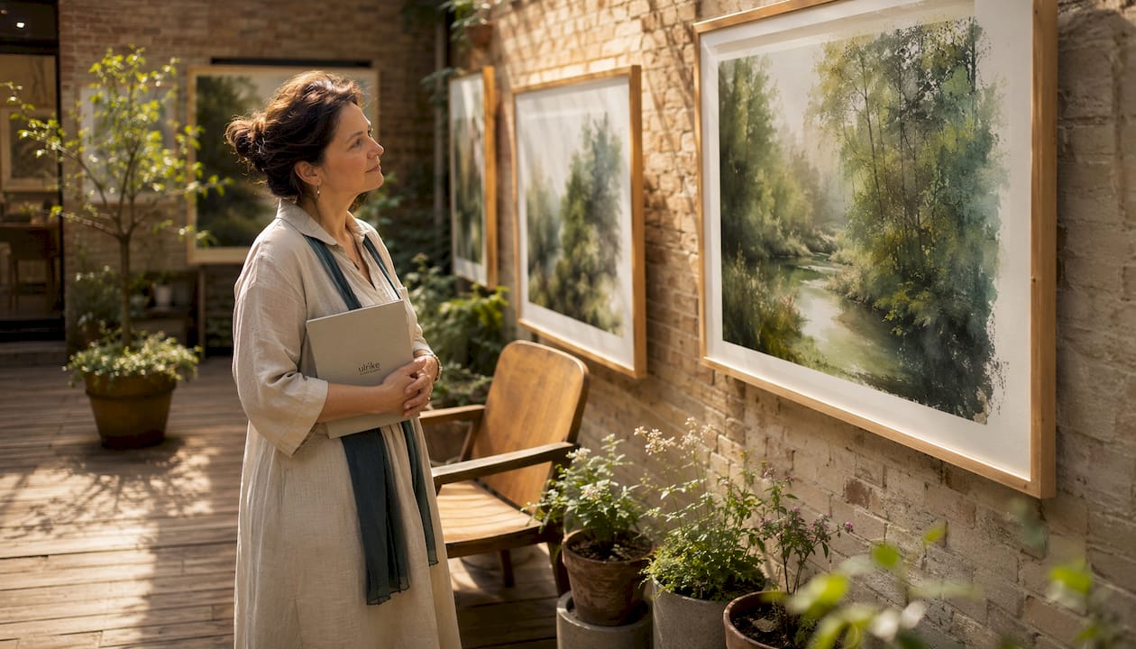 Eine Frau betrachtet im Museum ein Kunstwerk, das von grüner Natur inspiriert ist.