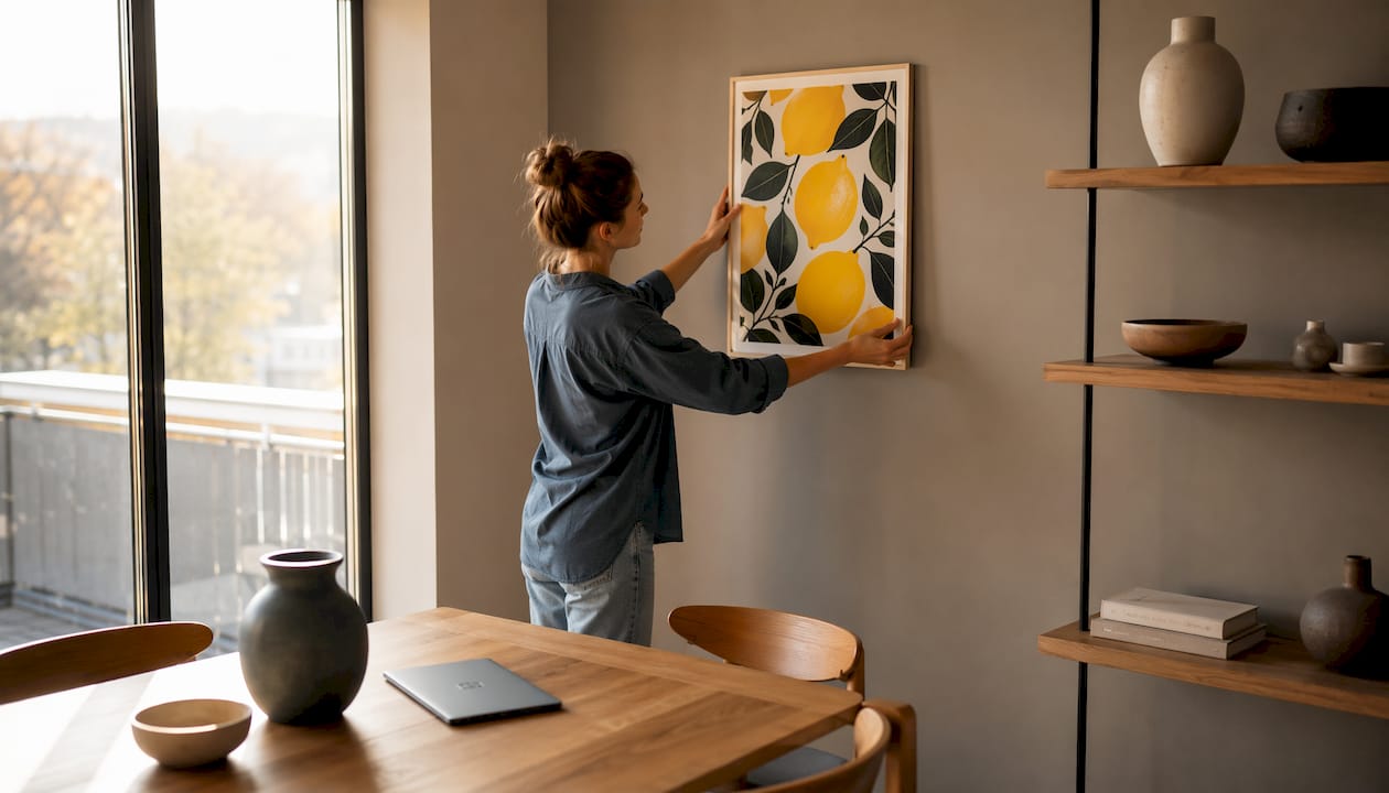 Eine Frau bringt ein Zitronen-Poster im Wohnzimmer an.