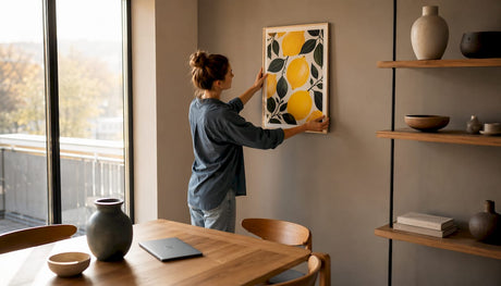 Eine Frau bringt ein Zitronen-Poster im Wohnzimmer an.