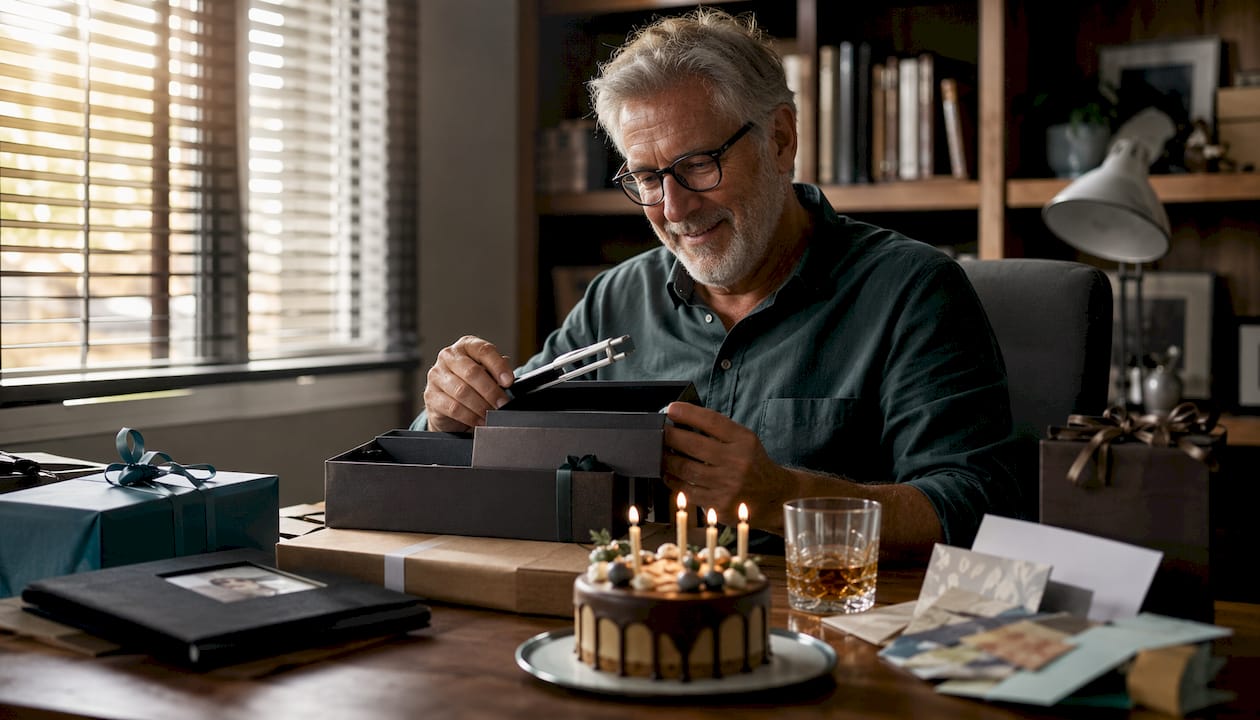 Ein Mann freut sich über seine Geschenke zum 60. Geburtstag und genießt den Moment gemütlich im Wohnzimmer.