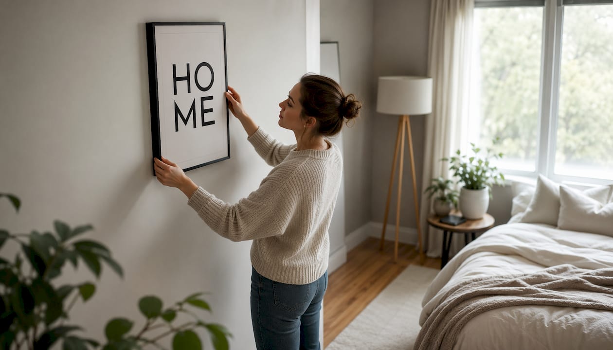 Eine Frau gestaltet ihr Wohnzimmer und hängt moderne, minimalistische Bilder an die Wand.