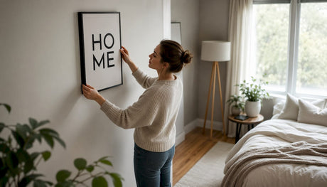 Eine Frau gestaltet ihr Wohnzimmer und hängt moderne, minimalistische Bilder an die Wand.