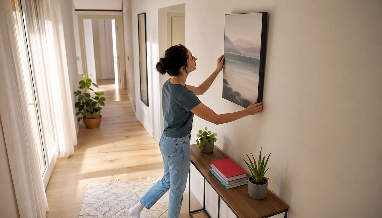 Eine Frau bringt ein preiswertes Leinwandbild an die Wand.