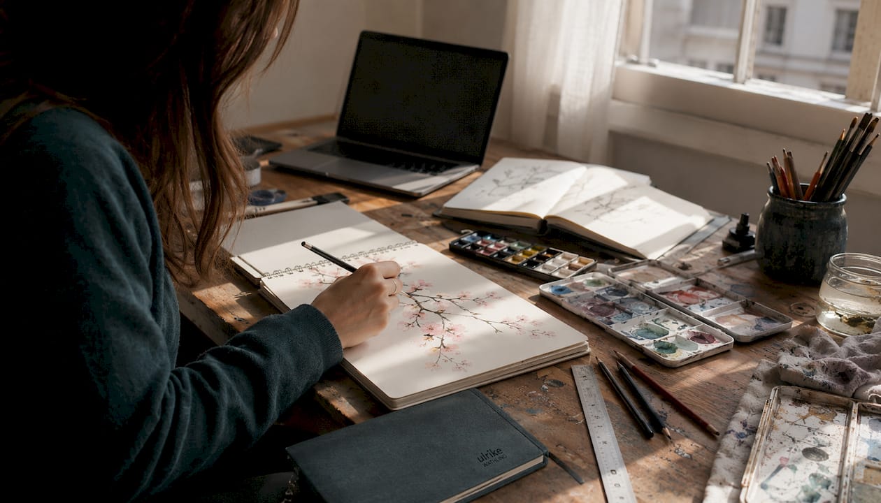 Ein Künstler gestaltet in seinem Atelier ein handgezeichnetes Plakat mit Kirschblütenmotiv.