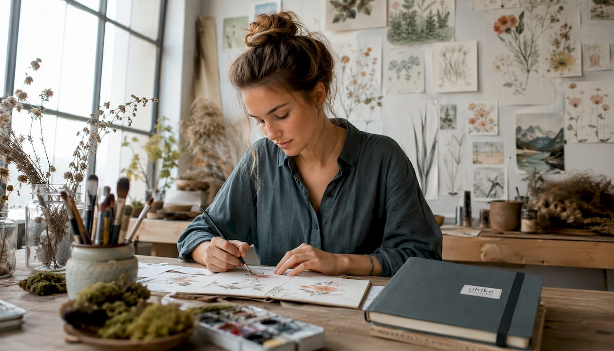 Eine Frau sitzt am Tisch und entwirft liebevoll eine handgezeichnete Postkarte mit Naturmotiven.