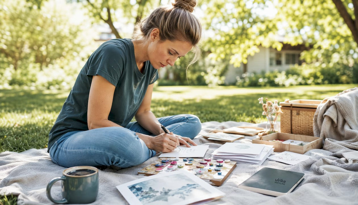 Eine Frau sitzt gemütlich im Wohnzimmer und bastelt liebevoll individuelle Freundschaftsgeschenke.