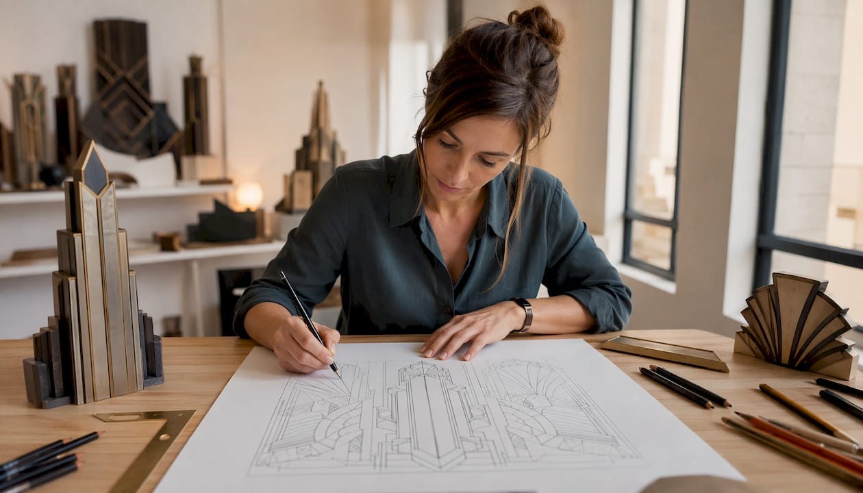 Ein Designer entwirft mit viel Kreativität und Feingefühl neue Muster im Stil des Art déco.
