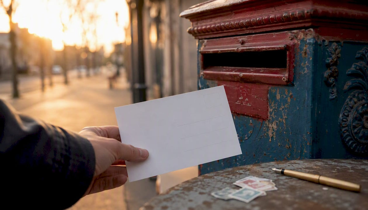 Eine Hand hält eine Postkarte bereit, um sie zu frankieren.