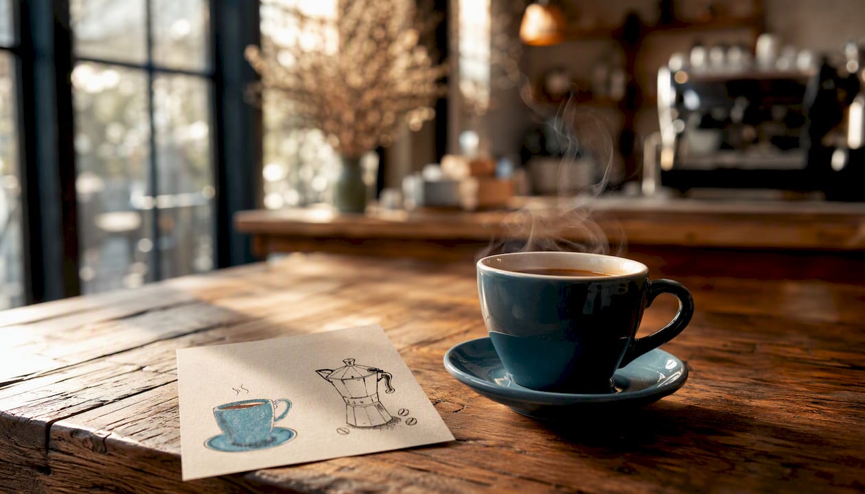 Eine Tasse Kaffee steht neben einer liebevoll gezeichneten Kaffeekarte.
