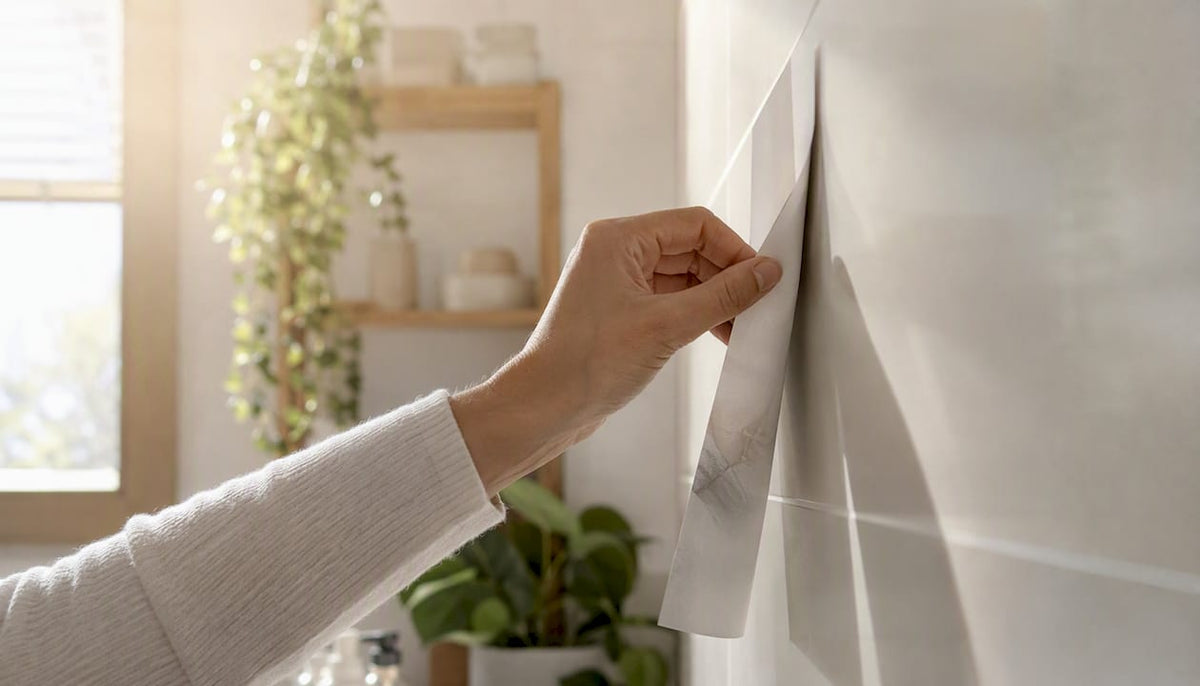 Mit der Hand wird das Poster ganz einfach ohne Bohren an der Wand befestigt.