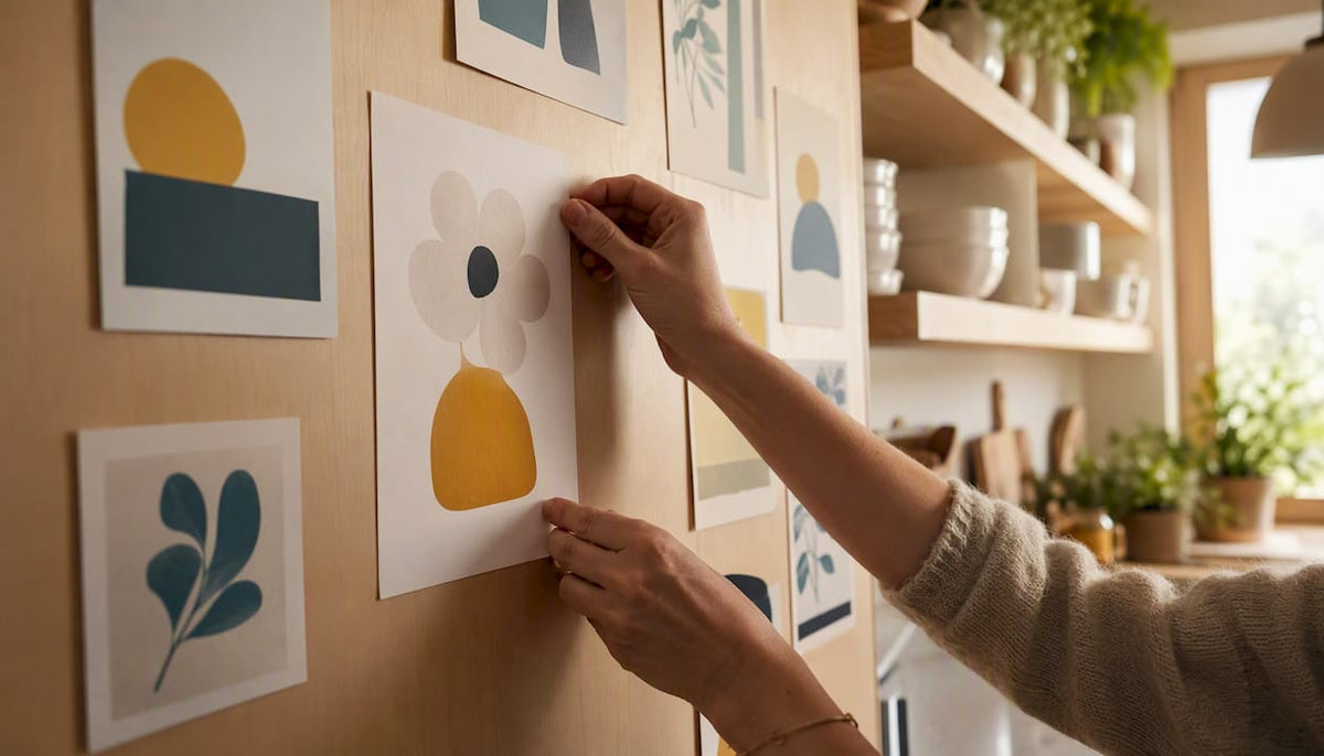 Eine Hand hängt ein minimalistisches Poster im Wohnzimmer auf.