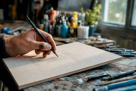 Mit sicherer Hand entsteht eine Skizze direkt im Atelier – ein Moment voller Kreativität und Konzentration.