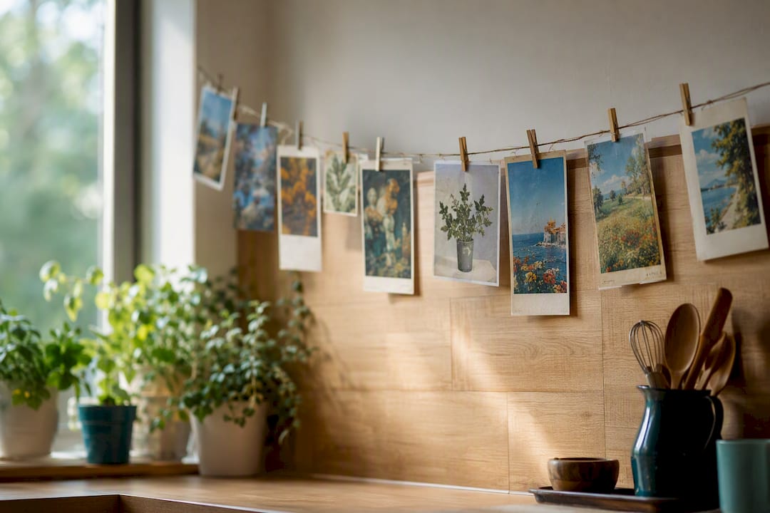 Stilvolle Postkarten an einem Fotoseil an der Wand
