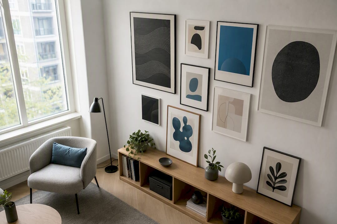 Galeriewand mit Postern und Regalen im Büro
