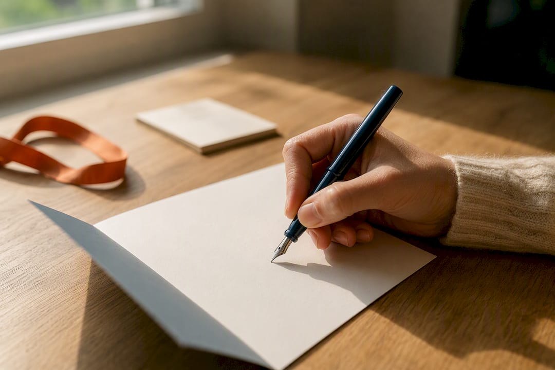 Hand schreibt persönliche Zeilen in eine Karte
