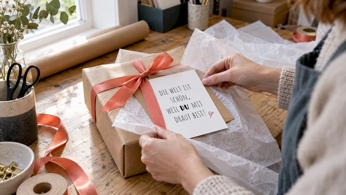 Klappkarte auf einem verpackten Geschenk im Atelier