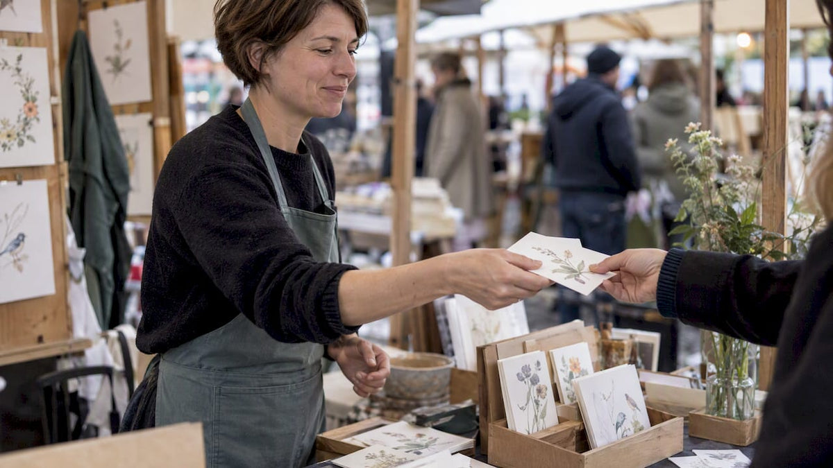 Künstlerin übergibt illustrierte Karte am Marktstand