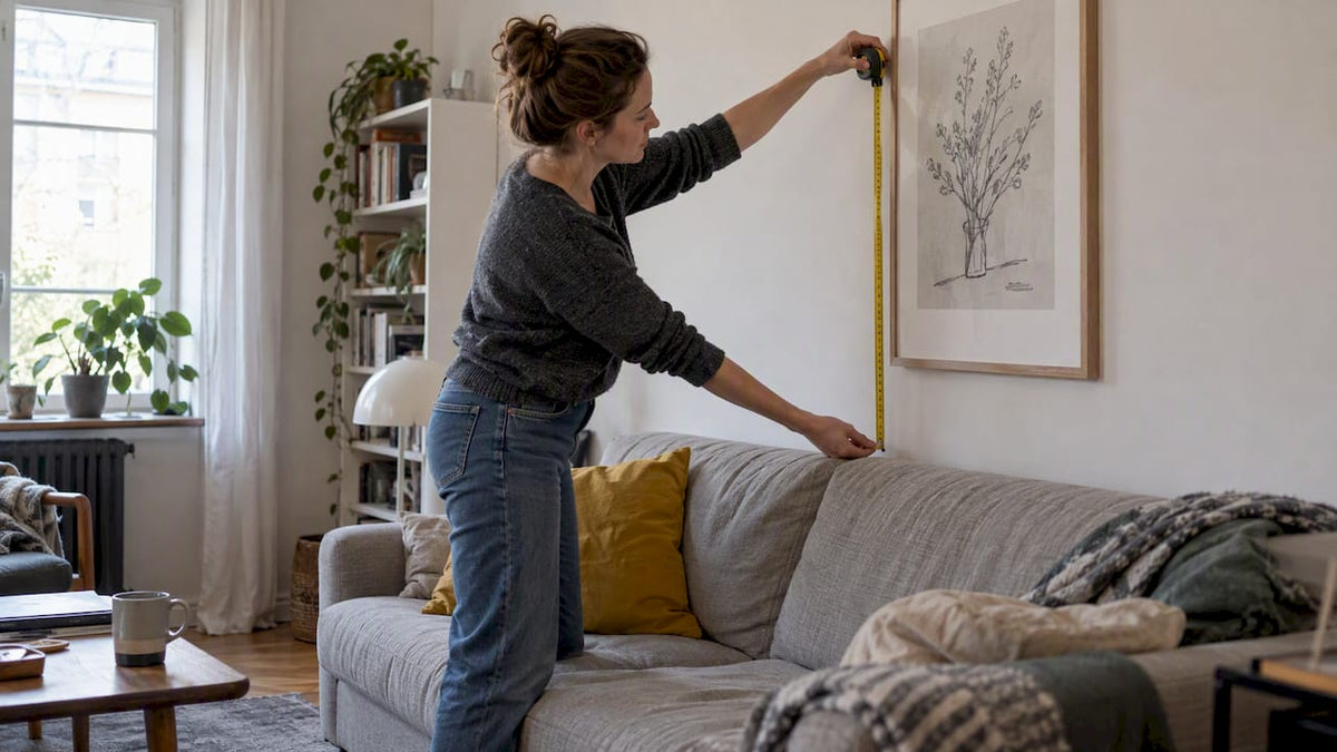 Eine Frau misst, wie weit ein Bild vom Sofa entfernt ist.