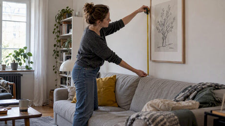 Eine Frau misst, wie weit ein Bild vom Sofa entfernt ist.