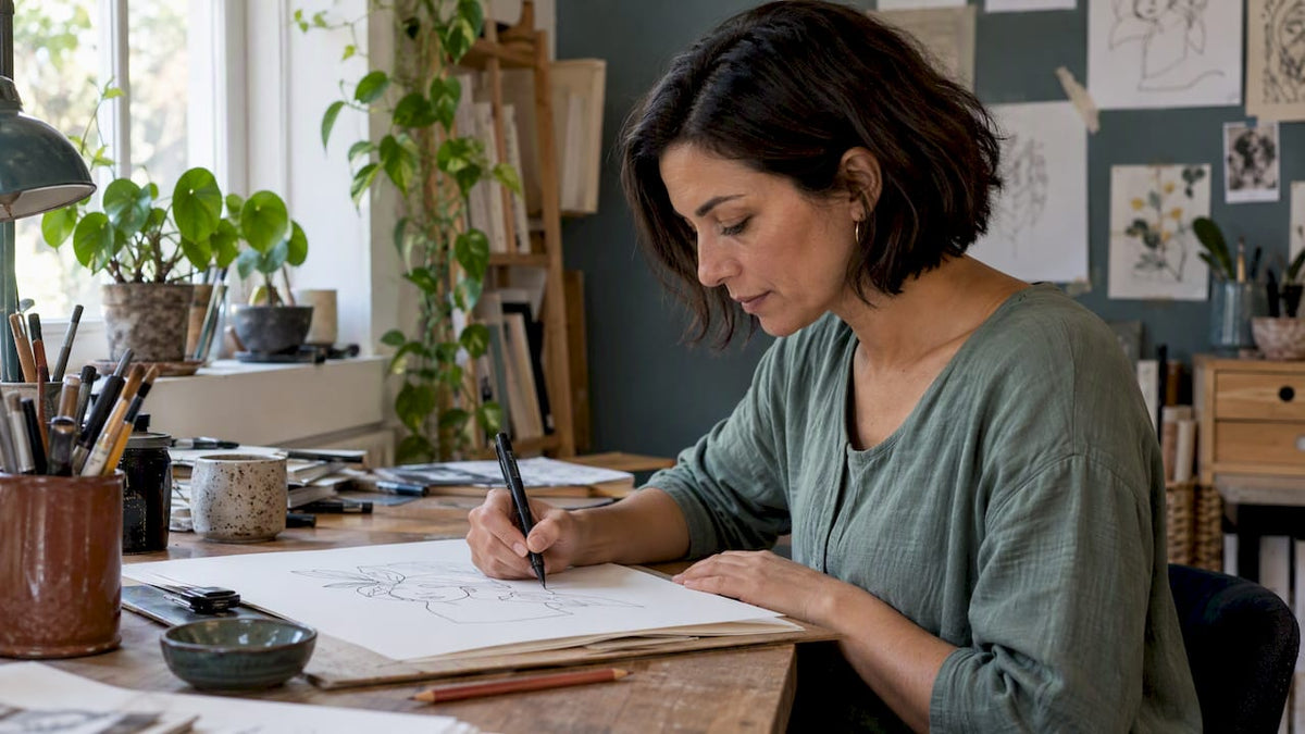Die Illustratorin zeichnet eine einfache Linienkontur.